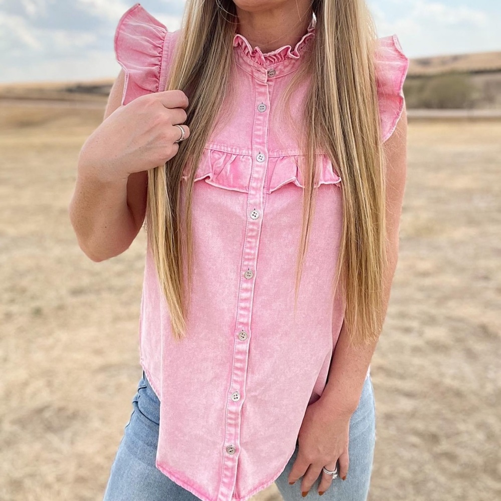 Pink Denim Ruffle Top NWT